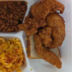 Gus's World Famous Fried Chicken - Kennesaw - 3 piece chicken tenders w/ Mac and cheese, baked beans. Very good!