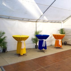 ABC Party Rental - 36" Round Cocktail Tables, with colorful Linens. Also, we added an awesome Wood 12x16 Dance Floor covered by a 20x20 Canopy!