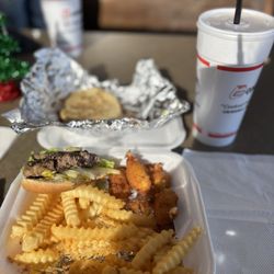 Cook Out - Tray: Hamburger, Cajun fries, and white cheese curds