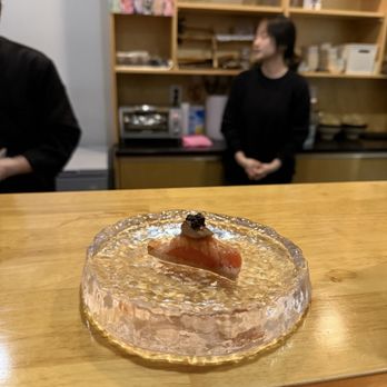 Hatsu Omakase - salmon sushi from 13 course menu - Sushi Bars Near Me - New York, New York