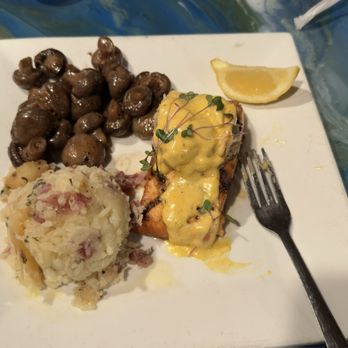 Michael's Seafood Restaurant - Salmon with side of mushrooms and potato's (not on the menu! Just under fresh fish selections) - Seafood Near Me - Carolina Beach, North Carolina Michael's Seafood Restaurant - Salmon with side of mushrooms and potato's (not on the menu! Just under fresh fish selections) - Seafood Near Me - Carolina Beach, North Carolina