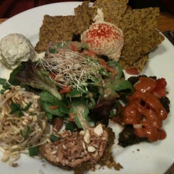 Organic Garden Cafe - Sampler plate - falafel, zucchini hummus with flax chips, salad, portobello burger, some other burger, and bean sprout dish - Vegetarian Near Me - Beverly, Massachusetts Organic Garden Cafe - Sampler plate - falafel, zucchini hummus with flax chips, salad, portobello burger, some other burger, and bean sprout dish - Vegetarian Near Me - Beverly, Massachusetts