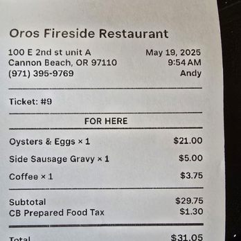 Oros Fireside Restaurant - 5/19/25 - American Near Me - Cannon Beach, Oregon