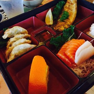 Photo of Sushi Tomo - Palo Alto, CA, United States. Bento with Saba sashimi and gyoza