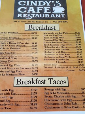 Menu photo 7 Cindy's Cafe Restaurant Mission, TX