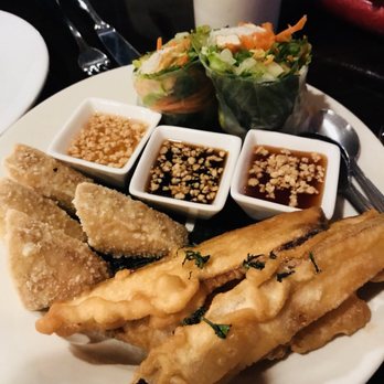 My Thai - The veggie appetizer sampler - eggplant fritters, veggie roll and fried tofu - Thai Near Me - Pittsburgh, Pennsylvania My Thai - The veggie appetizer sampler - eggplant fritters, veggie roll and fried tofu - Thai Near Me - Pittsburgh, Pennsylvania