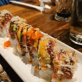Shoyou Sushi - "Hot night baby!" Spicy tuna and avocado over shrimp tempura crunch roll topped with spicy mayo, eel sauce, tempura flakes and masago - Sushi Bars Near Me - Baltimore, Maryland