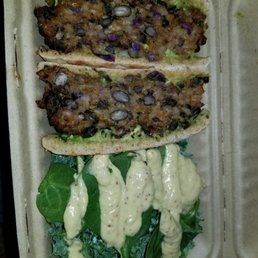 Black bean burger and greens with vegan caesar