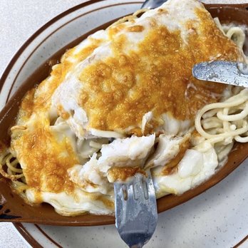 Top Cafe - Baked fish steak in cream sauce with spaghetti - Chinese Near Me - San Jose, California Top Cafe - Baked fish steak in cream sauce with spaghetti - Chinese Near Me - San Jose, California