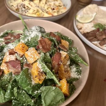 The Hardware Store - From Left to Right: Butternut Stroganoff, Charred Butternut Salad, Carne Asada Steak - Speakeasies Near Me - Oregon City, Oregon