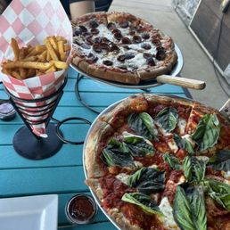Margherita Pizza, Cheese and Pepperoni Pizza, side of fries