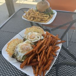 Avocado toast and burger Avocado toast and burger