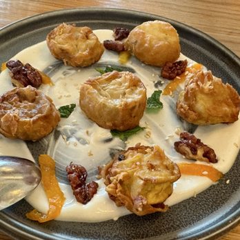 Zaytinya - Bantijian Bil Laben - fried eggplant with garlic yogurt, walnuts and tumeric apricots. - Turkish Near Me - Palo Alto, California Zaytinya - Bantijian Bil Laben - fried eggplant with garlic yogurt, walnuts and tumeric apricots. - Turkish Near Me - Palo Alto, California