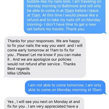 US Nails & Spa - These are the messages Mike sent me after I left a one star review. I appreciated the response and that he wanted to help. - Nail Salons Near Me - Durham, North Carolina US Nails & Spa - These are the messages Mike sent me after I left a one star review. I appreciated the response and that he wanted to help. - Nail Salons Near Me - Durham, North Carolina