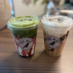 Raspberry matcha and iced Spin Coconut Latte