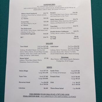 Final Edition Bar - Menu back - Dive Bars Near Me - Santa Rosa, California