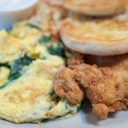 Cafe Java - Austin - Scrambled eggs with spinach and chicken fried chicken