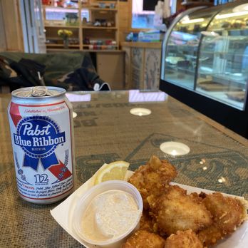 Oceanfront Cafe - Halibut bites paired with a PBR - Wine Bars Near Me - Whittier, Alaska