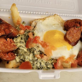 Wily Wieners - Chori Fries - fries topped with cheesy spinach, egg, house Chorizo & tomato - Food Trucks Near Me Wily Wieners - Chori Fries - fries topped with cheesy spinach, egg, house Chorizo & tomato - Food Trucks Near Me