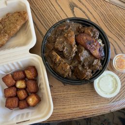 Friend cheese, empanada, lunch oxtail bowl with plantain.