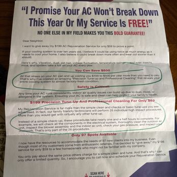 Fast Air Repair - This is a picture of $59 Tune-up offer. I circled in green the promise that they did not keep. - Heating & Air Conditioning/HVAC Near Me - Ocala, Florida