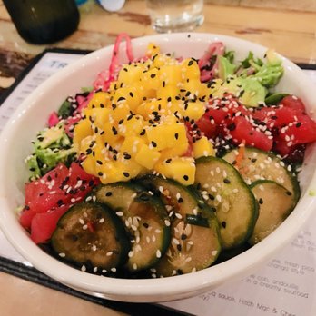 Treylor Park - Poke salad | Soy glazed ahi on mixed greens tossed in wasabi vin, pickled onions, cucumber kimchi, avocado, sesame seeds, ginger, mango - New American Near Me - Ponte Vedra, Florida Treylor Park - Poke salad | Soy glazed ahi on mixed greens tossed in wasabi vin, pickled onions, cucumber kimchi, avocado, sesame seeds, ginger, mango - New American Near Me - Ponte Vedra, Florida