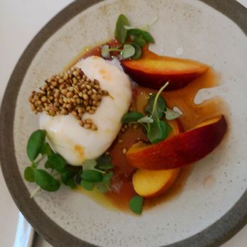 NOPI - Burrata cheese with peaches! Delicious! - Mediterranean Near Me - London, XGL NOPI - Burrata cheese with peaches! Delicious! - Mediterranean Near Me - London, XGL