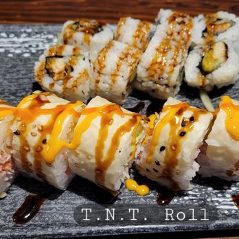 Ohayo Sushi - Top - Eel roll. Bottom - T.N.T. Roll (specialty section) - Japanese Near Me - Lewisville, Texas Ohayo Sushi - Top - Eel roll. Bottom - T.N.T. Roll (specialty section) - Japanese Near Me - Lewisville, Texas