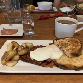 Whisk - Corn beef hash with poached eggs and cranberry sourdough toast - Cafes Near Me - Orleans, Massachusetts