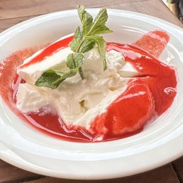 Cheese with Fruit Sauce and Fresh Mint - Dessert. Cheese with Fruit Sauce and Fresh Mint - Dessert.