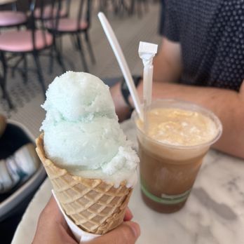 Aglamesis Brothers - Lime Italian ice waffle cone and root beer float (splendid soda) - Chocolatiers & Shops Near Me - Cincinnati, Ohio