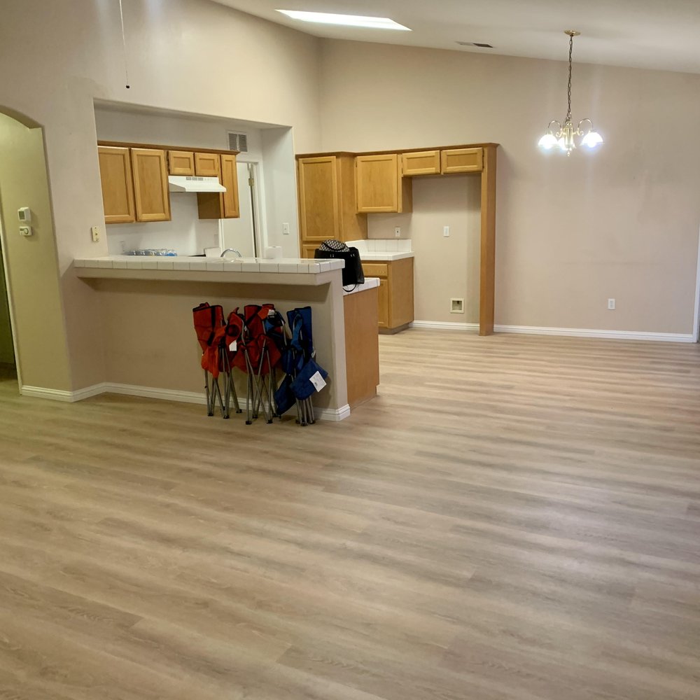 a kitchen and living room