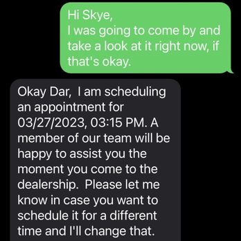 CardinaleWay Hyundai - Glendora - Text message confirming that I would come in to see the car that day. Dealer confirmed appointment. - Auto Repair Near Me - Glendora, California