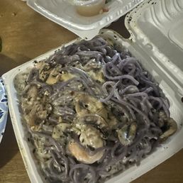 Ube pasta with lemongrass cream sauce. Not a good photo but so yummy!!
