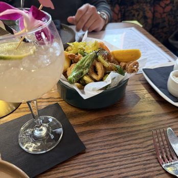 Morella - Frito misto and flamingo cocktail - Italian Near Me - San Francisco, California
