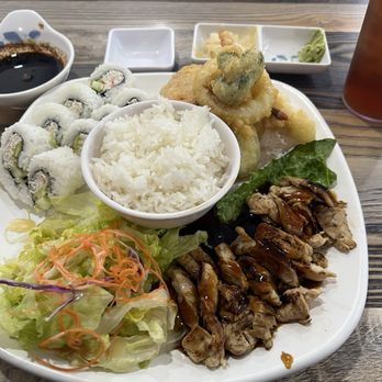 Sushi Miguels Style - Three item lunch special. I chose Teriyaki Chicken, Shrimp and Vegetable Tempura, and a California Roll. - Sushi Bars Near Me - Victorville, California Sushi Miguels Style - Three item lunch special. I chose Teriyaki Chicken, Shrimp and Vegetable Tempura, and a California Roll. - Sushi Bars Near Me - Victorville, California