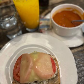 First Watch - Chicken Salad Melt with Tomato soup and Golden glow drink - Breakfast & Brunch Near Me - Fort Worth, Texas