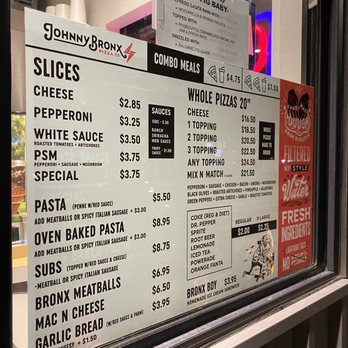 Johnny Bronx Pizza - It's a drive-thru place (cool concept imo) so this is the best I could do for menu pics lol - Pizza Near Me - Meridian, Idaho Johnny Bronx Pizza - It's a drive-thru place (cool concept imo) so this is the best I could do for menu pics lol - Pizza Near Me - Meridian, Idaho