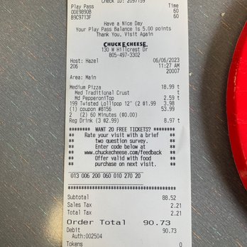 Chuck E. Cheese - Receipt - Pizza Near Me - Thousand Oaks, California Chuck E. Cheese - Receipt - Pizza Near Me - Thousand Oaks, California
