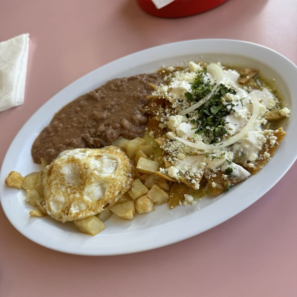Green Chilaquiles beans potatoes and eggs