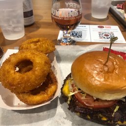 Impossible Smash Burger, Onion Rings - OTP Cherry Tart Cider - Ash and Elm