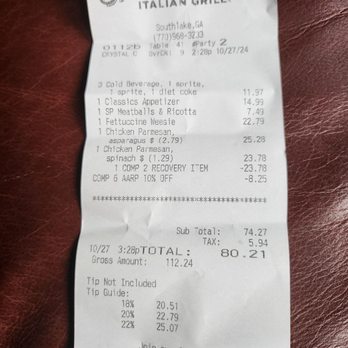 Carrabba's Italian Grill - Receipt but I did leave a $20.00 tip and the waitress left the card reader and just walked away how Rude - Italian Near Me - Atlanta, Georgia Carrabba's Italian Grill - Receipt but I did leave a $20.00 tip and the waitress left the card reader and just walked away how Rude - Italian Near Me - Atlanta, Georgia