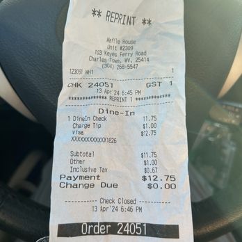 Waffle House - Receipt - Breakfast & Brunch Near Me - Charles Town, West Virginia Waffle House - Receipt - Breakfast & Brunch Near Me - Charles Town, West Virginia