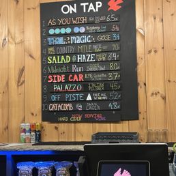Menu - A black chalkboard menu displays various craft beers with names, descriptions, and alcohol percentages at a brewery, mounted on a wooden wall.