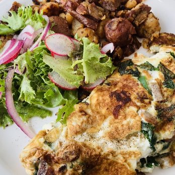 Scrambled - Egg white turkey omelette LOADED with veggies, garden salad and fried potatoes!! - New American Near Me - Deerfield, Illinois Scrambled - Egg white turkey omelette LOADED with veggies, garden salad and fried potatoes!! - New American Near Me - Deerfield, Illinois