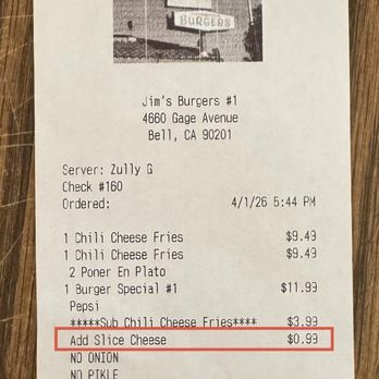 Jim's Burgers - Still Price Gouging! $0.99 for a slice of Cheese! Get Rich from a Slice of Cheese or Die Trying! - Burgers Near Me - Bell, California Jim's Burgers - Still Price Gouging! $0.99 for a slice of Cheese! Get Rich from a Slice of Cheese or Die Trying! - Burgers Near Me - Bell, California
