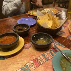 Fajitas Mexican Restaurant - Mokena - Red ranchero sauce (served warm).  Two other standard salsas and chips