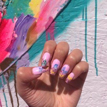 Sunset Nails - Pink gel on acrylics + rose gold foil + butterflies - Nail Salons Near Me - San Francisco, California Sunset Nails - Pink gel on acrylics + rose gold foil + butterflies - Nail Salons Near Me - San Francisco, California