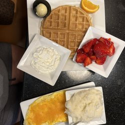 Keke's Breakfast Cafe - Mix and match, one Belgian Waffle, strawberry glaze. Scrambled with cheese, Classic Grits Create your own 1 Waffle Combo