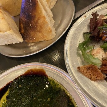 Back Unturned Brewing - Perfect trio!  Fresh, hot bread with dipping sauce and salad - Brewpubs Near Me - San Antonio, Texas